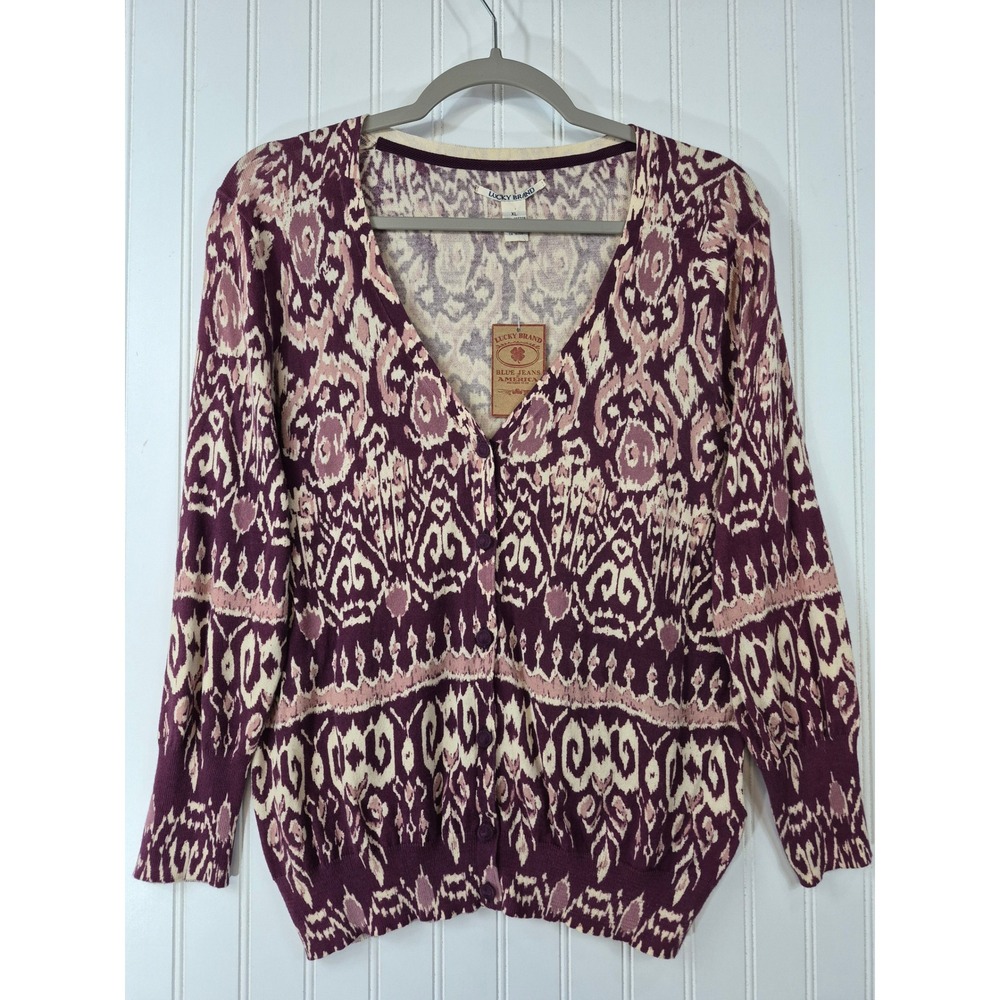 NWT Lucky Brand XL Purple Ikat Print Cotton Button Front 3/4 Sleeves Cardigan